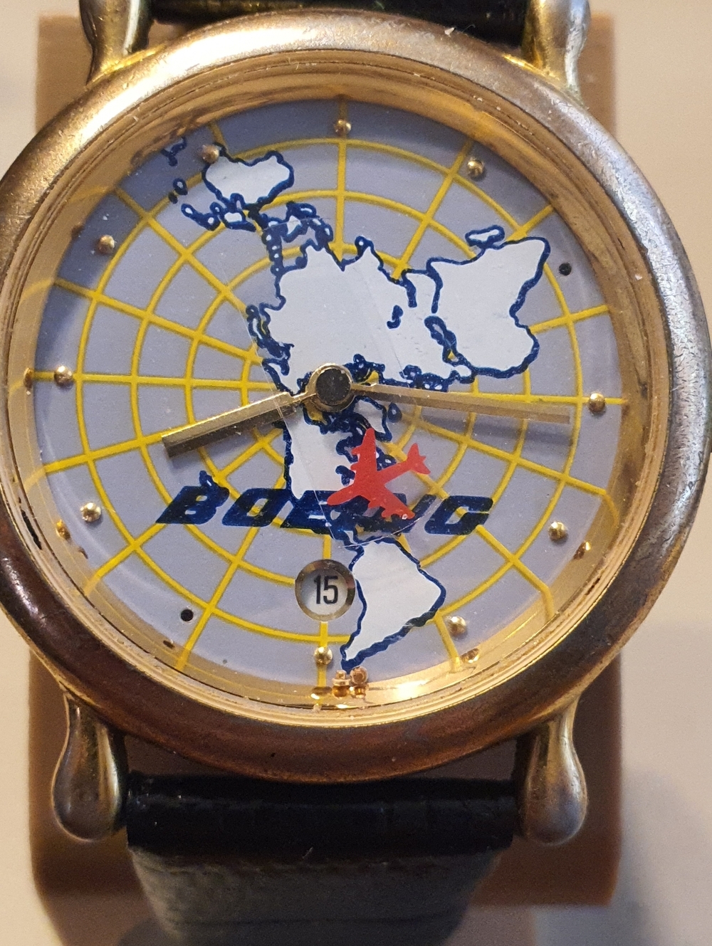 Vtg Boeing Goldtone Leather Rotating Airplane Men's Watch w/Date